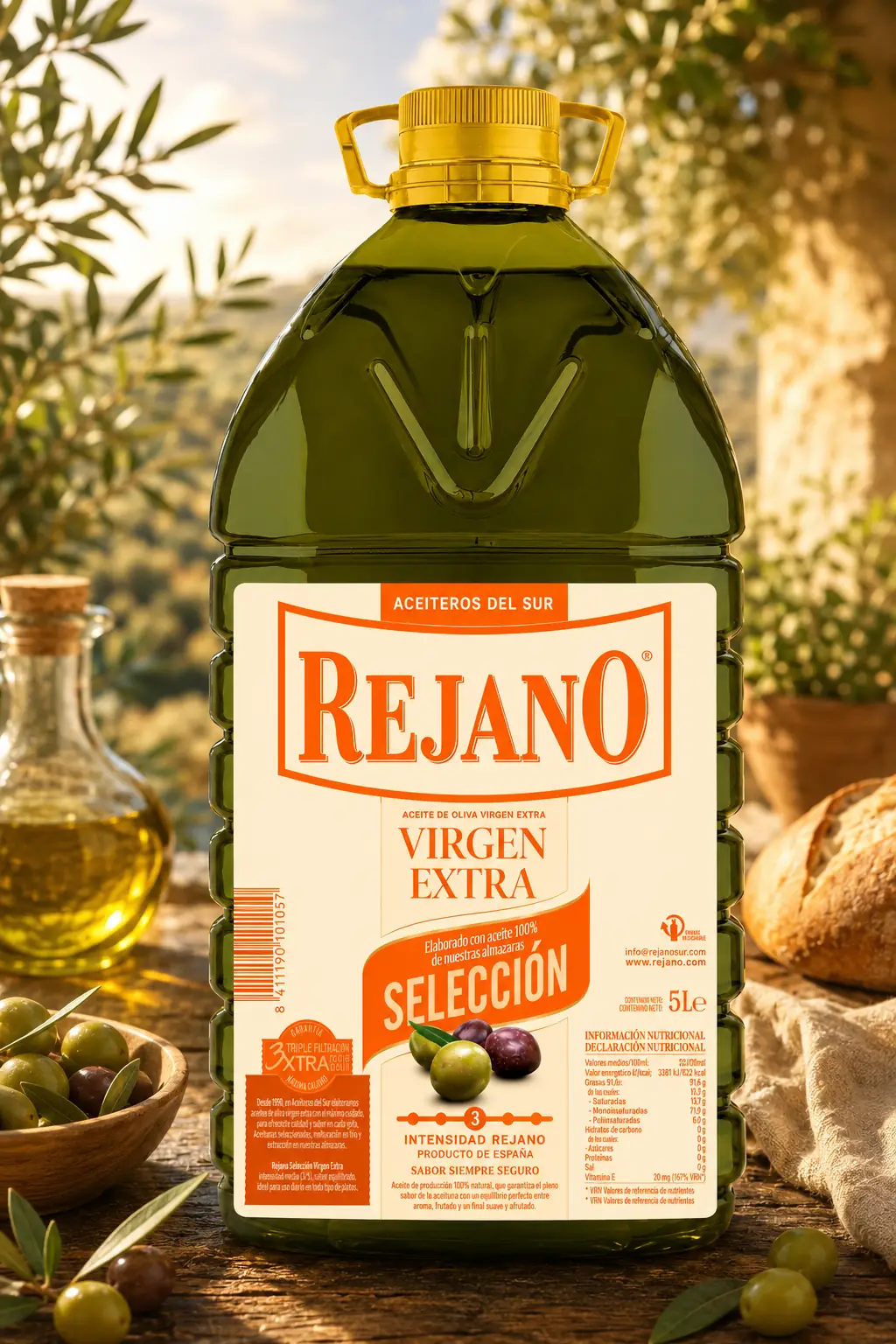 AOVE premium: botella de aceite de nuestra finca Botella de aceite de oliva virgen extra premium sobre mesa de madera con olivar de la huerta Rejano en Palma del Río.