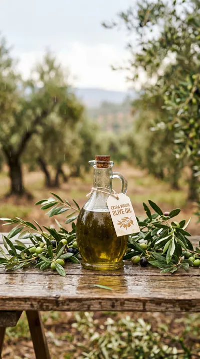 AOVE premium: botella de aceite de nuestra finca Botella de aceite de oliva virgen extra premium sobre mesa de madera con olivar de la huerta Rejano en Palma del Río.